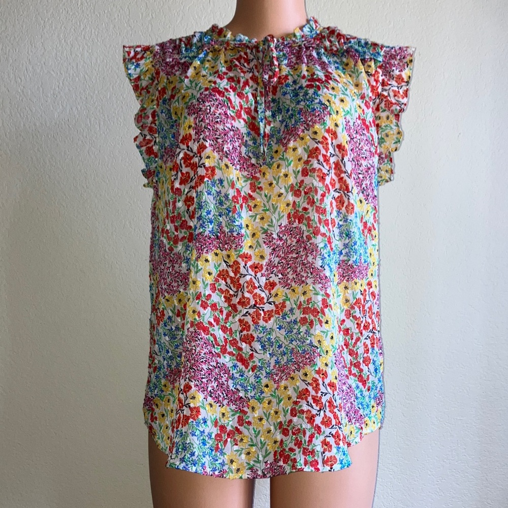 Rachel Zoe Multicolor Semi-sheer Floral Bold Print Blouse with‎ Ruffle Sleeves